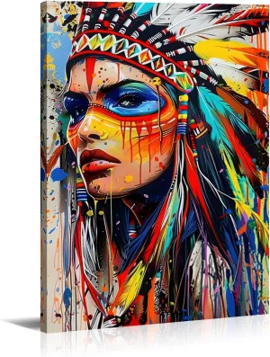 American Indian Woman Canvas Wall Art Tribal Portrait Cultural Heritage Decor Modern Abstract Artwork for Living Room Gallery Wall Southwest Decor Framed - 12.00"x18.00"