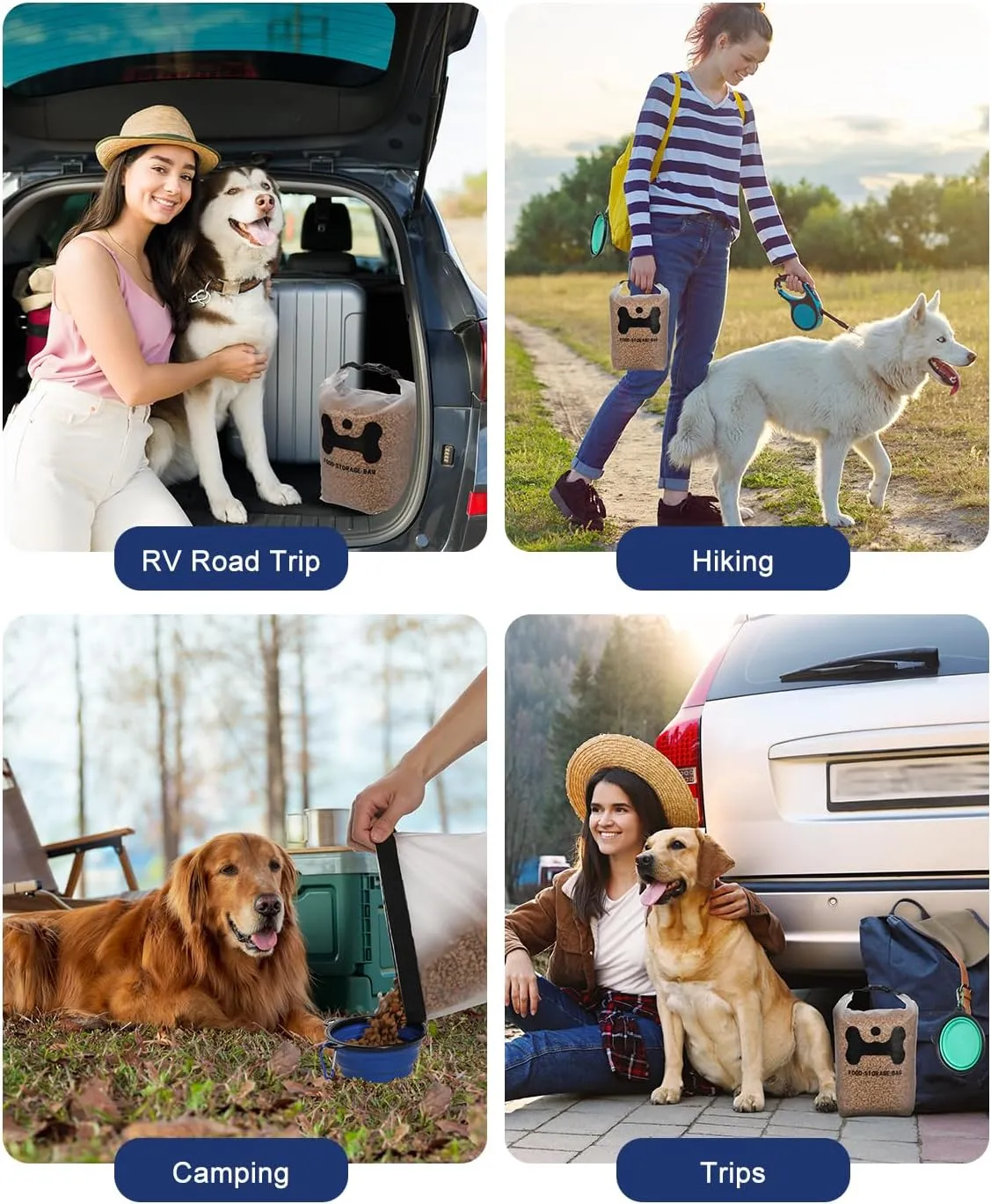 ANVS Silicone Pet Food Storage Bag,14-Cup Dog Food Bag with 2PCS Collapsible Travel Bowls, Perfect for Camping Trip, Dog Boarding, Weekend Getaways and Travel