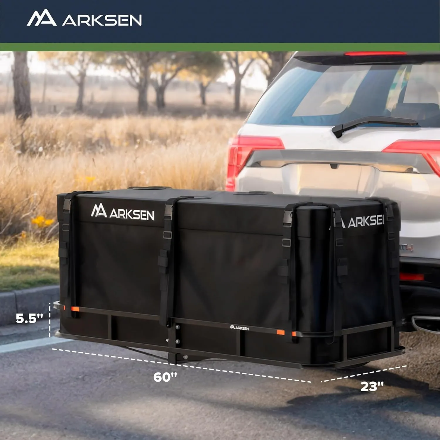 ARKSEN 60 x 23 x 5.5 Inch Folding Hitch Cargo Carrier with Cargo Bag & Net, 2 Ratchet Straps, Hitch Stabilizer, 500 Lbs Capacity Heavy Duty 2 Inch Receiver Luggage Basket for SUV, Pickup Truck