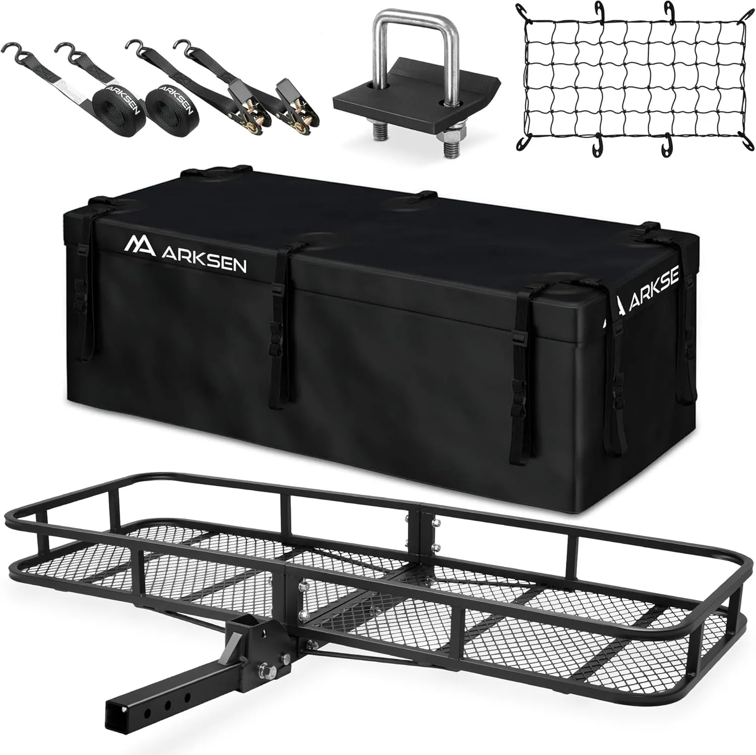 ARKSEN 60 x 23 x 5.5 Inch Folding Hitch Cargo Carrier with Cargo Bag & Net, 2 Ratchet Straps, Hitch Stabilizer, 500 Lbs Capacity Heavy Duty 2 Inch Receiver Luggage Basket for SUV, Pickup Truck