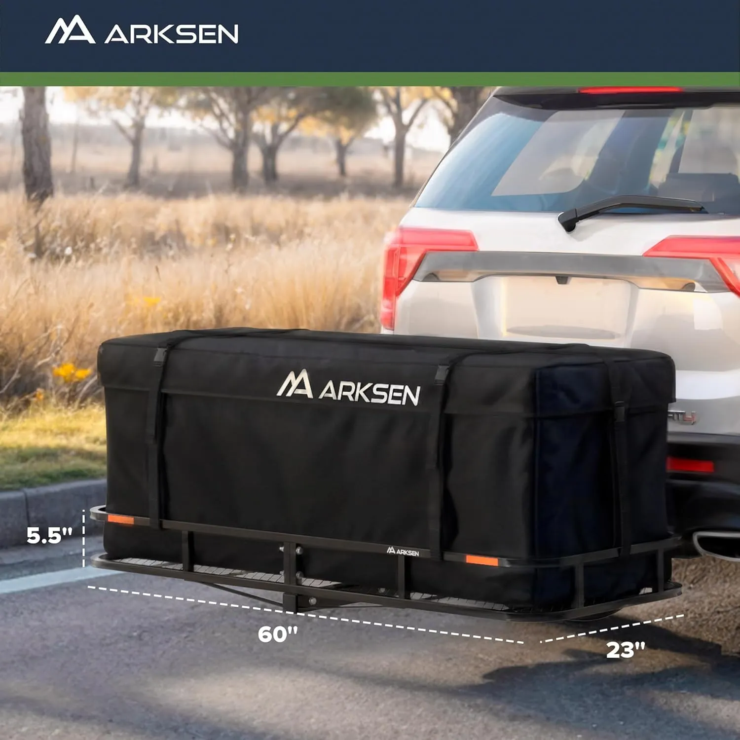 ARKSEN 60 x 23 x 5.5 Inch Folding Hitch Cargo Carrier with Waterproof Cargo Bag, 2 Ratchet Straps, 500 Lbs Capacity Heavy Duty 2 Inch Receiver Luggage Basket for SUV, Pickup Truck, Camping & Travel