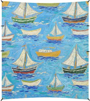 Art Oil Painting Blue Boat Foldable Beach Canopy UPF50  Waterproof Portable Sunshade with Sand Shovel, Sandbags for Camping, Picnics, Backyard
