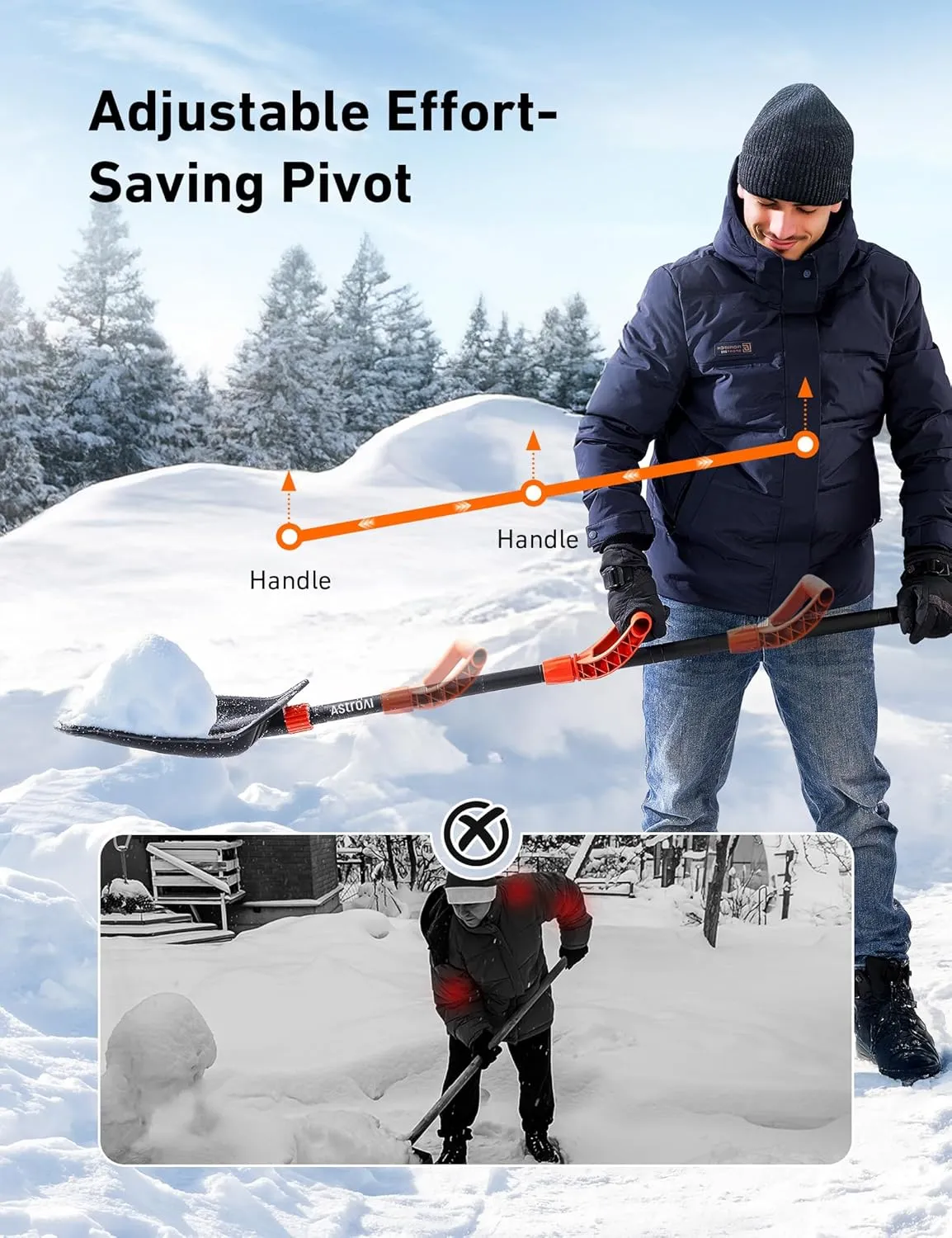 AstroAI 62" Heavy-Duty Snow Shovel with Adjustable Ergonomic D-Shape Handle, 17-Inch Wide Snow Shovel for Car with Stainless Steel Blade, Easily Remove Heavy Snow from Car, Driveway, Yard