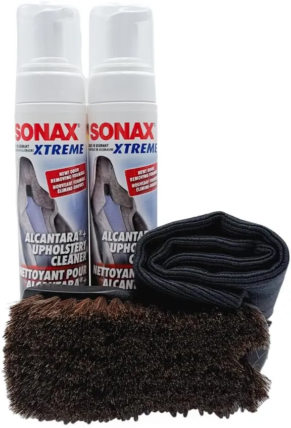 Autogeek SONAX Alcantara & Upholstery Cleaner Bundle | Removes Stains & Restores Color on Delicate Surfaces | Includes 2 x 250ml Bottles, Horse Hair Brush & Microfiber Towel | SON-206141-BUN