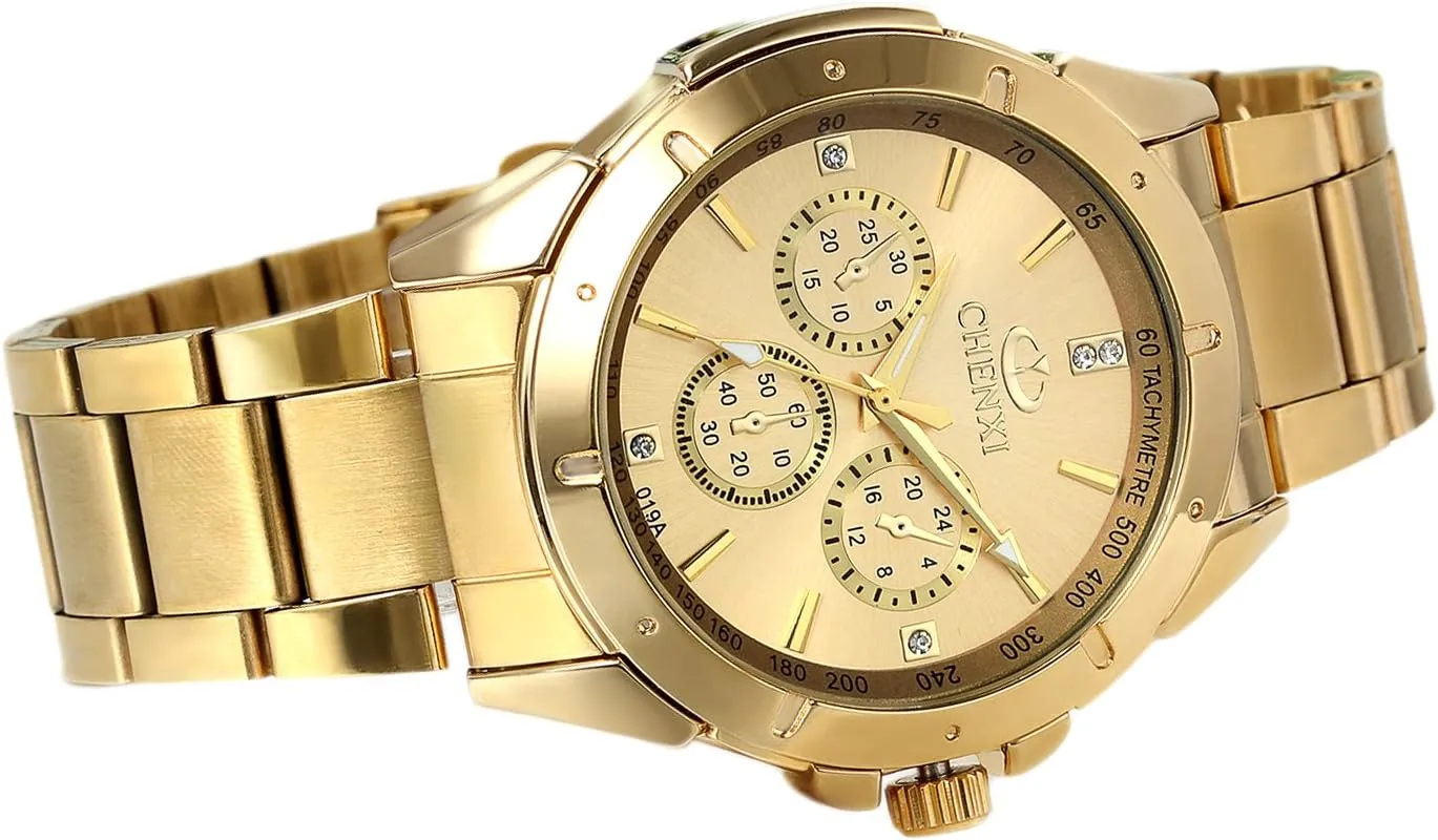 Avaner Men's Gold Watch Analog Quartz Rhinestone Wrist Watch with Stainless Steel Band for Halloween Costume