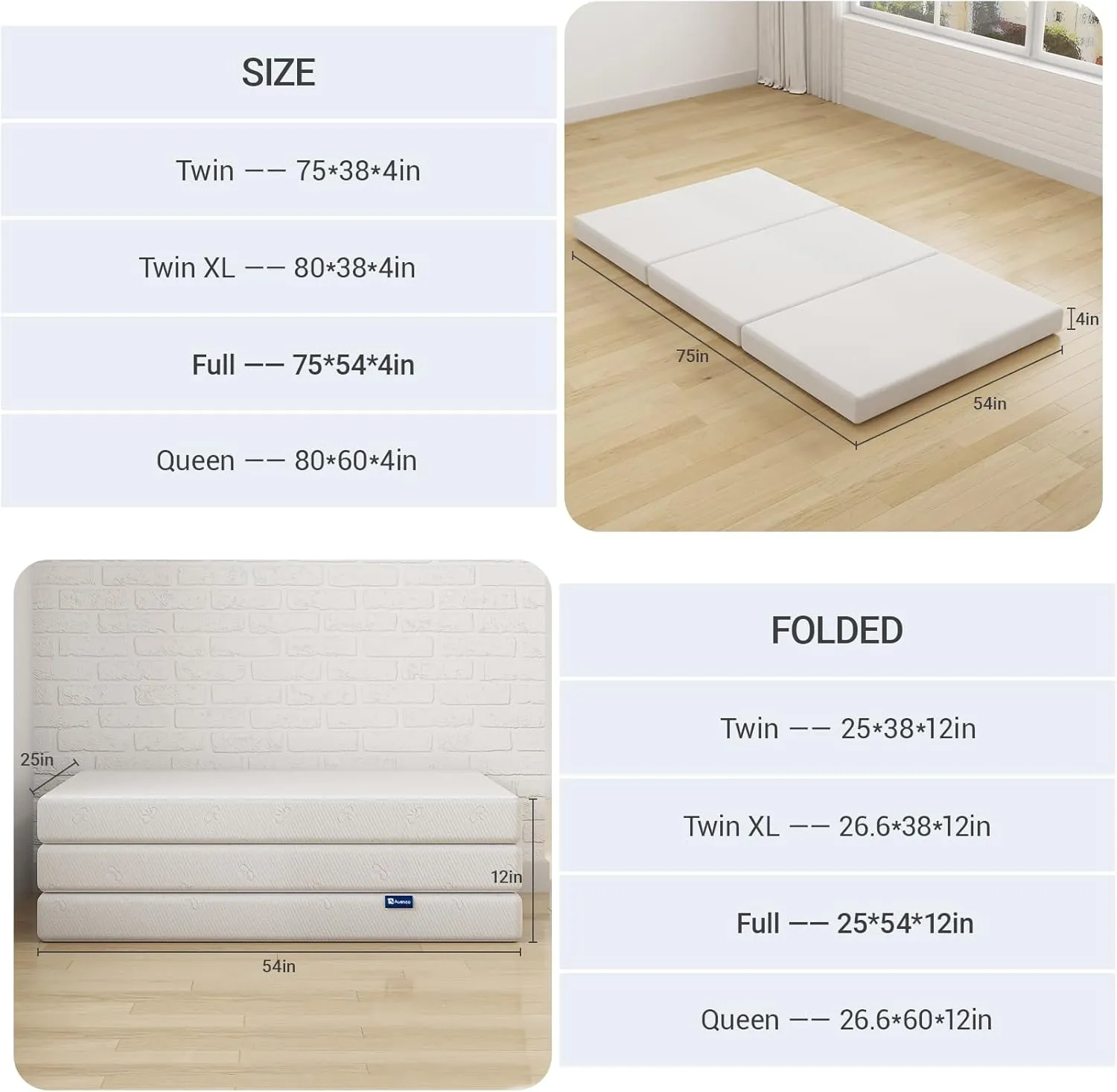 Avenco Folding Mattress, 4 Inch Trifold Mattress, Full Size Folding Mattress for Indoors, RV/Camper Van, Travel, Camping, Guest Room-Breathable Cover & Non-Slip Bottom