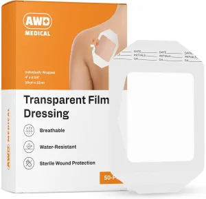 AWD Transparent Film Dressing - Waterproof Transparent Wound Bandage, Adhesive Film Dressing Tape, IV Clear Cover, Shower Shield Waterproof Bandages & Tattoo Cover Up Tape - 4" x 4.75" Box of 50