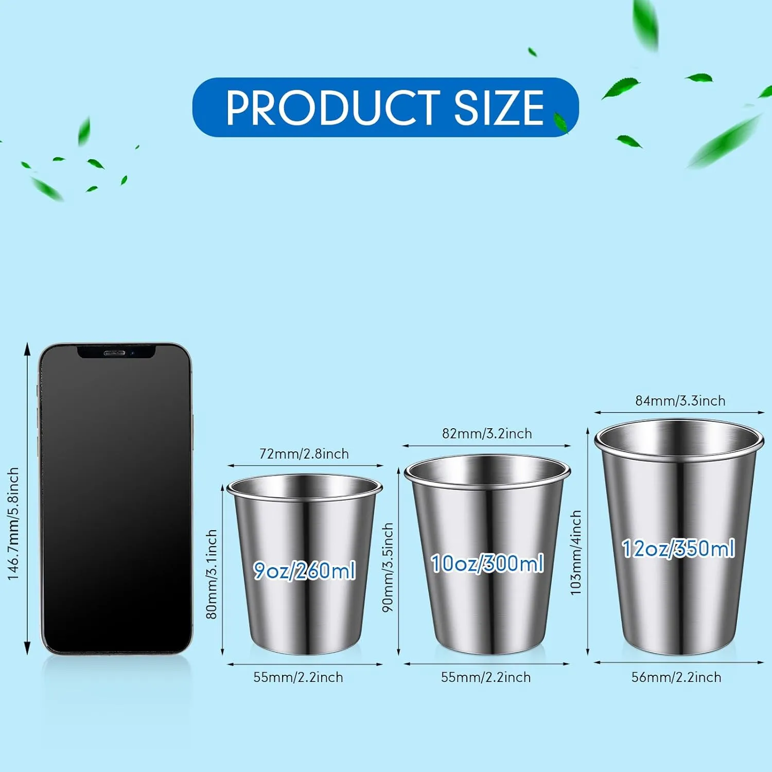 Baderke 16 Pack Stainless Steel Cups for Kids and Adult Pint Cup Tumbler Metal Cups Stackable Cup Shatterproof Metal Drinking Glasses for Travel Outdoor Camping (12 oz/ 350 ml)