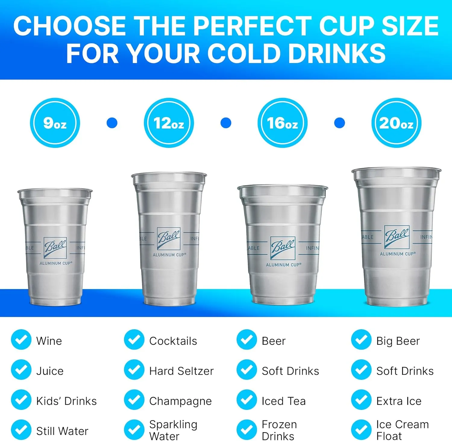 Ball Aluminum Cup Recyclable Party Cups, Ball Logo, 20oz. Cup, 30 Cups Per Pack