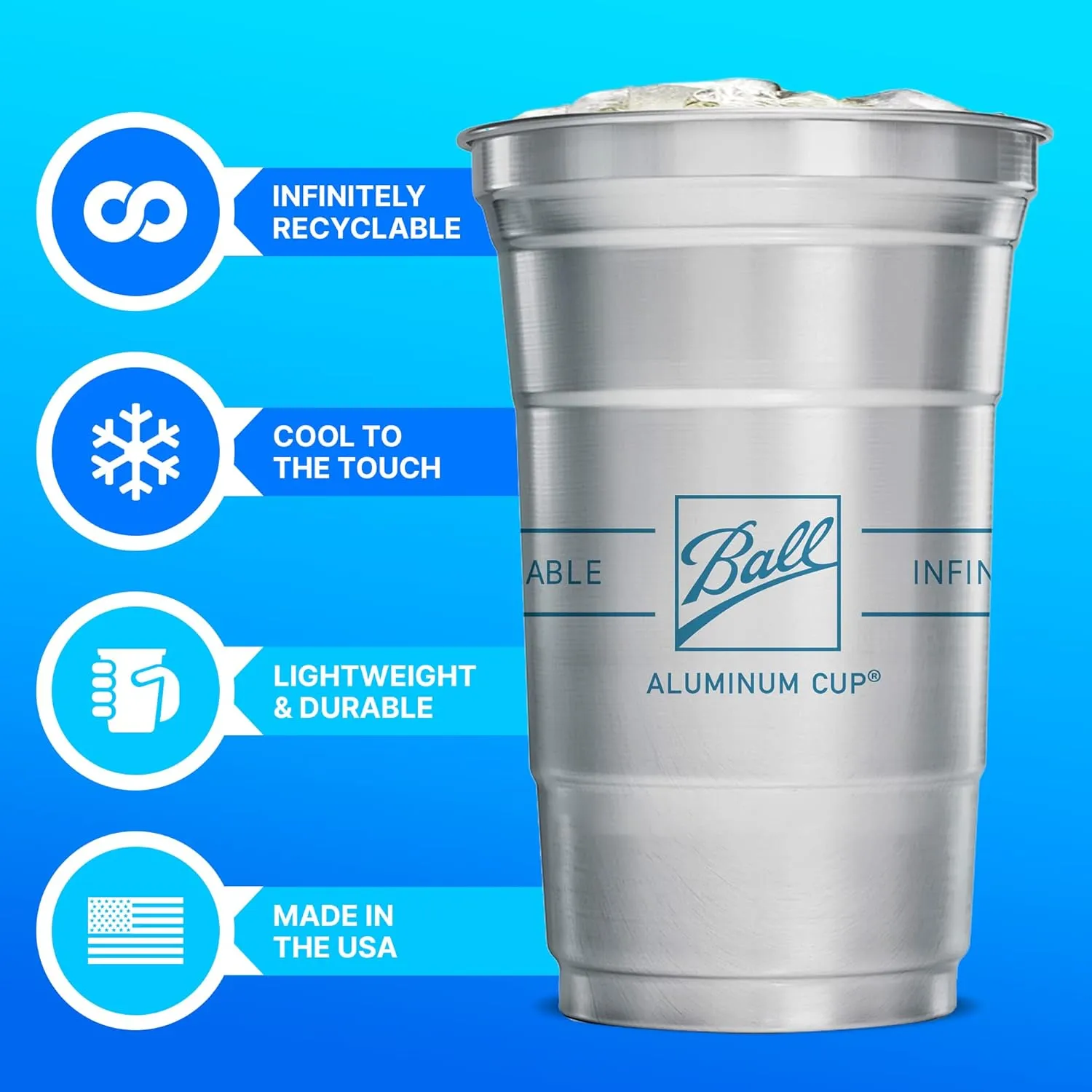 Ball Aluminum Cup Recyclable Party Cups, Ball Logo, 20oz. Cup, 30 Cups Per Pack