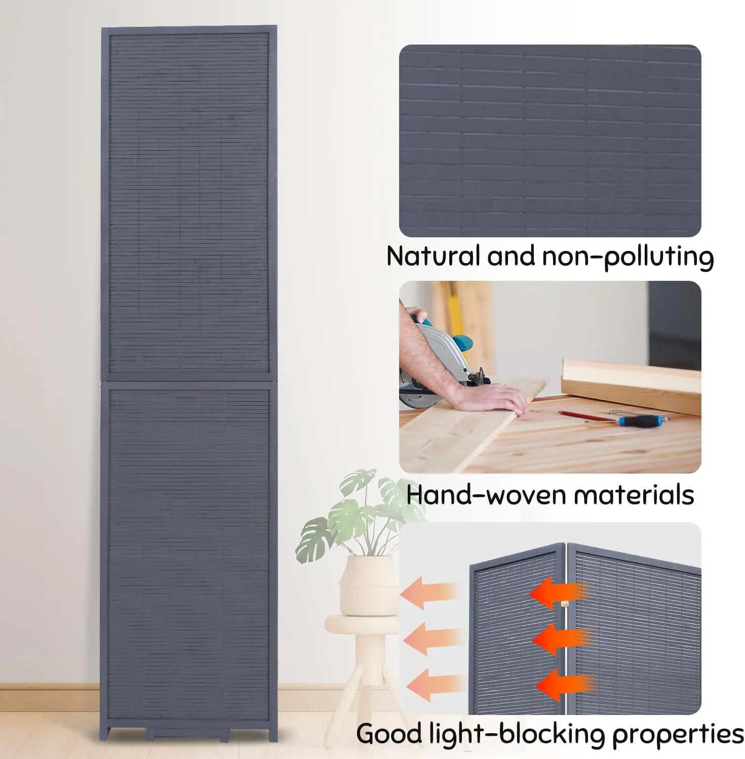 Bamboo Room Divider Folding Privacy Screens, Wall Divider for Room Separation, Portable Room Partitions and Dividers, 5.6FT Bamboo Mesh Woven Room Divider Panel (Grey, 6 Panel)