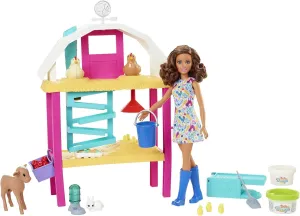 Barbie Careers Playset, Hatch & Gather Egg Farm with Brunette Farmer Fashion Doll, Hatching Molds & Dough, Chicken Coop, 10 Animals & Accessories