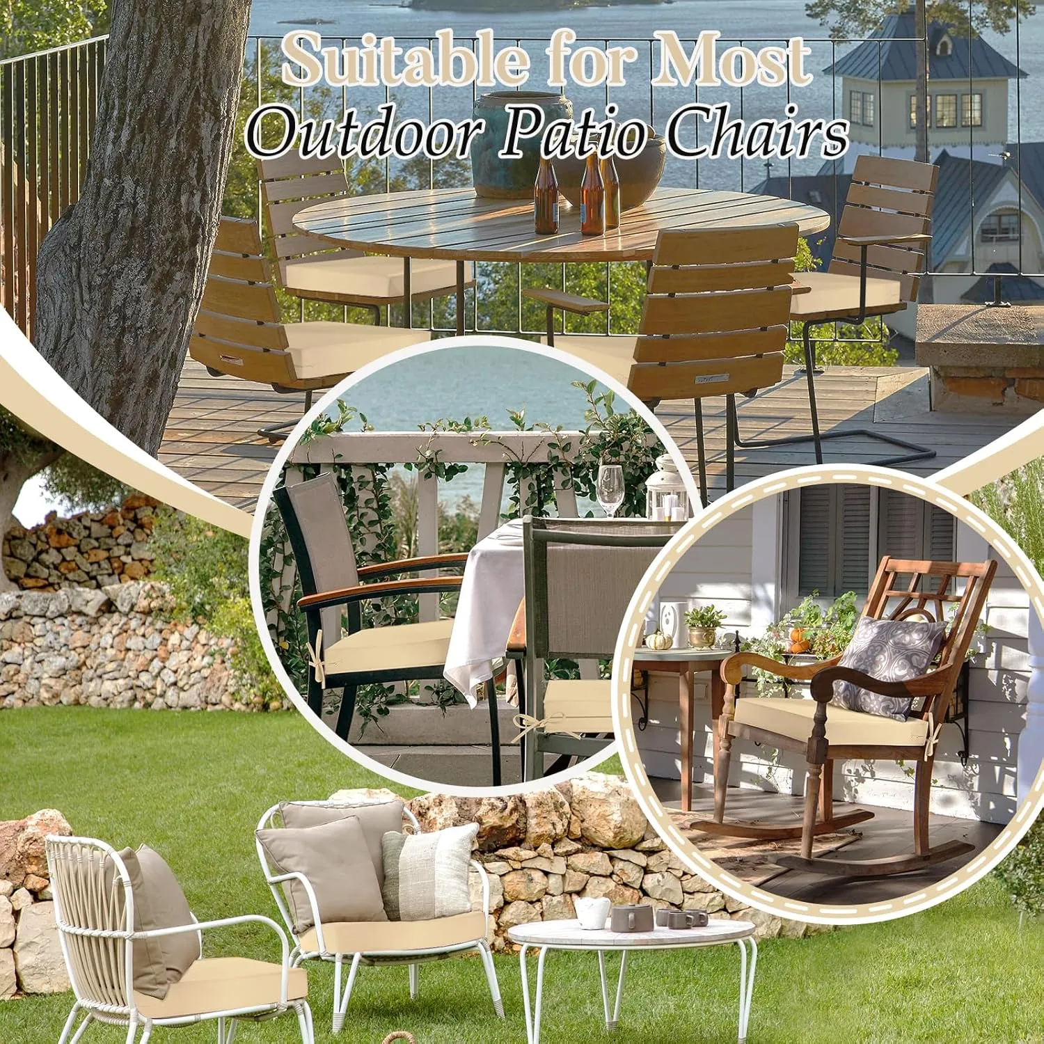 Basic Beyond Outdoor Chair Cushions for Patio Furniture, Waterproof Outdoor Seat Cushions Set of 4 18 x 18, Patio Chair Cushions Set of 4 with Ties and Handle, Beige