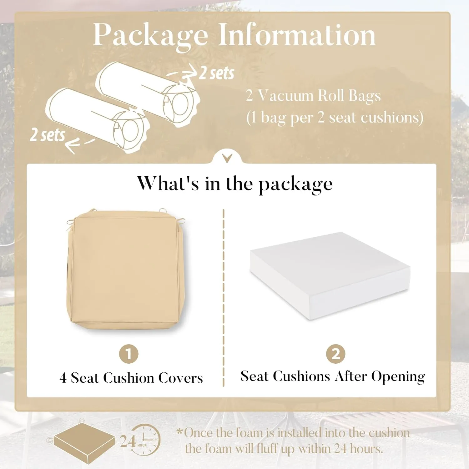 Basic Beyond Outdoor Chair Cushions for Patio Furniture, Waterproof Outdoor Seat Cushions Set of 4 18 x 18, Patio Chair Cushions Set of 4 with Ties and Handle, Beige