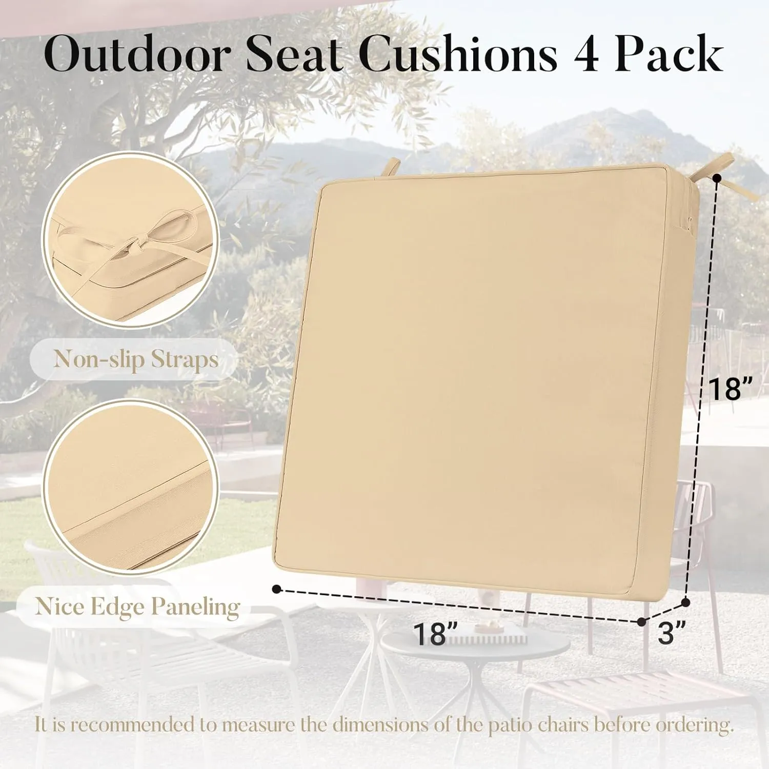 Basic Beyond Outdoor Chair Cushions for Patio Furniture, Waterproof Outdoor Seat Cushions Set of 4 18 x 18, Patio Chair Cushions Set of 4 with Ties and Handle, Beige