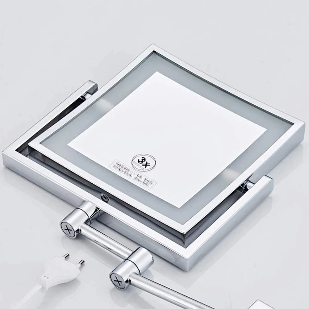 Bathroom LED Makeup Mirror with Light Square Single Sided Folding Telescopic Wall Mounted 3 X Magnification 8 Inches Beauty Mirror