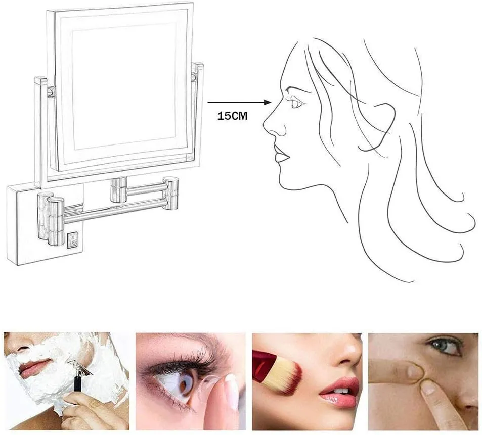 Bathroom Shaving Mirror Wall Mounted Led Illuminated Makeup Mirror 3X Magnification Extending Folding Double Side with Drilling Or Without Drilling Makeup and Shaving (Color : #4)