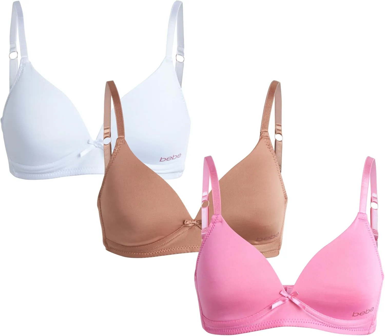 bebe Girls' Training Bra - 3 Pack Wire Free Soft Microfiber Molded Bra with Adjustable Straps (A Cup/B Cup)