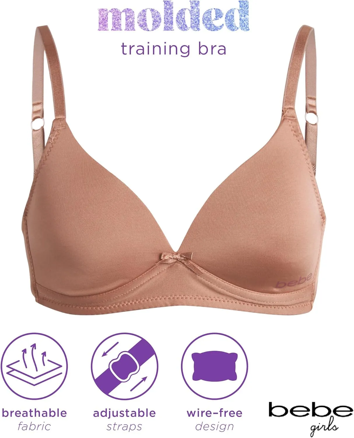 bebe Girls' Training Bra - 3 Pack Wire Free Soft Microfiber Molded Bra with Adjustable Straps (A Cup/B Cup)