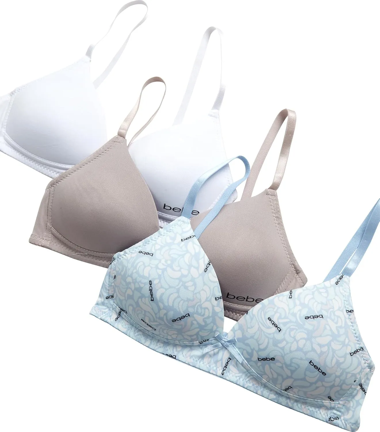 bebe Girls' Training Bra - 3 Pack Wire Free Soft Microfiber Molded Bra with Adjustable Straps (A Cup/B Cup)