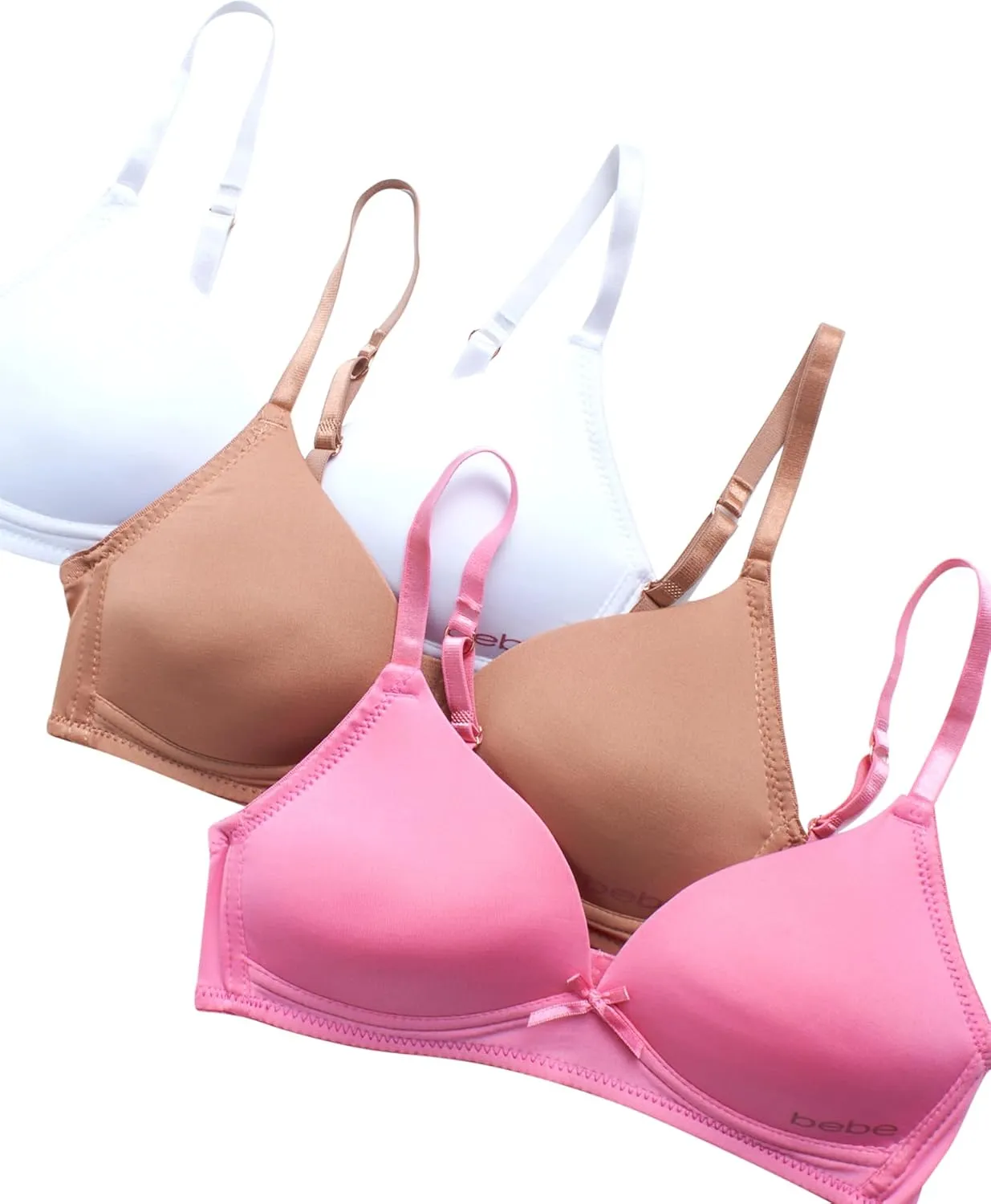 bebe Girls' Training Bra - 3 Pack Wire Free Soft Microfiber Molded Bra with Adjustable Straps (A Cup/B Cup)