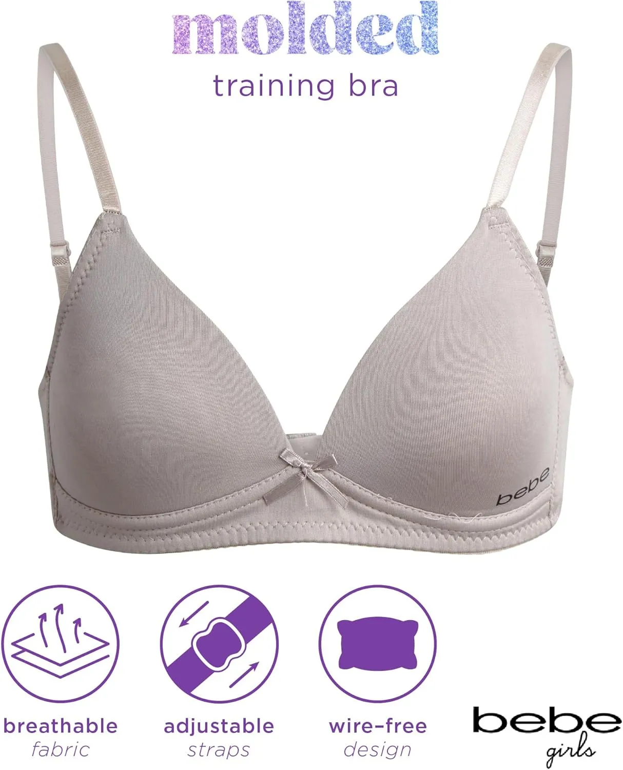 bebe Girls' Training Bra - 3 Pack Wire Free Soft Microfiber Molded Bra with Adjustable Straps (A Cup/B Cup)
