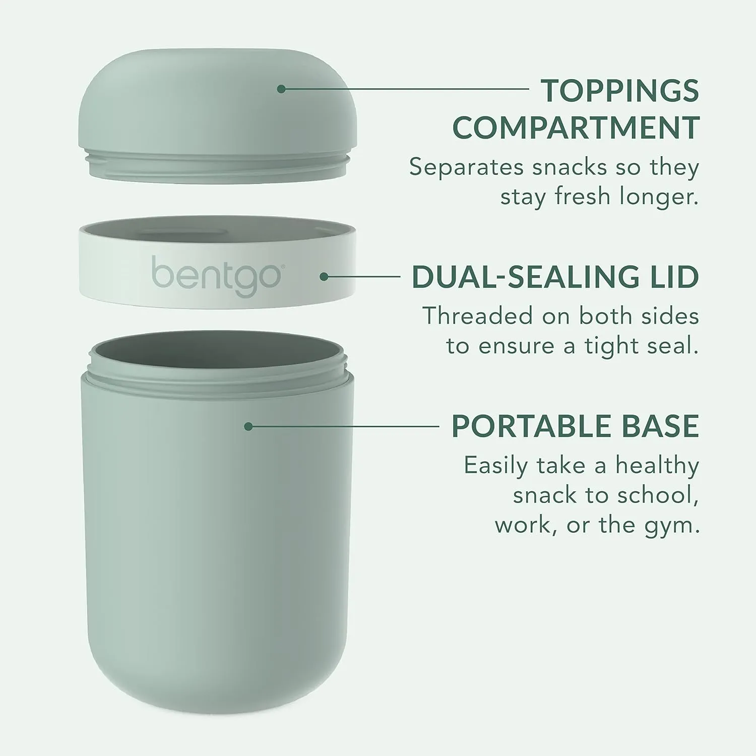 Bentgo Snack Cup - Reusable Snack Container with Leak-Proof Design, Toppings Compartment, and Dual-Sealing Lid, Portable & Lightweight for Work, Travel, Gym - Dishwasher Safe (Mint Green)