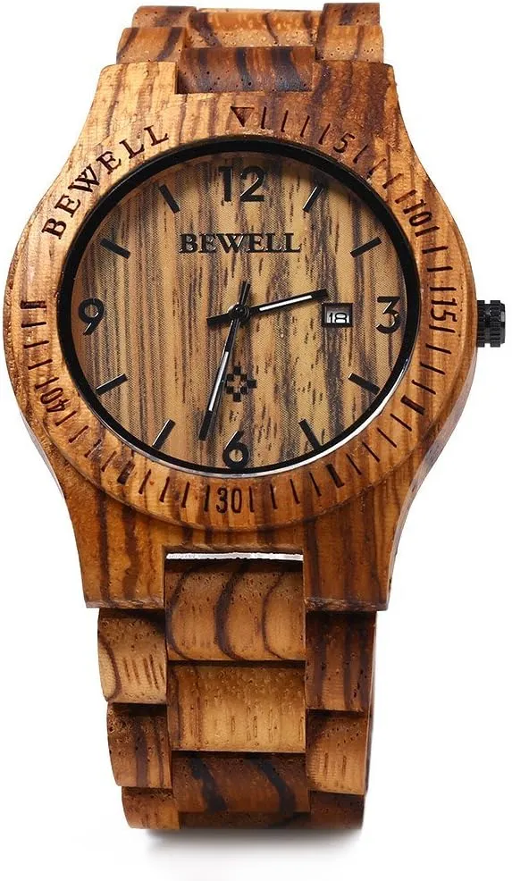 BEWELL ZS-W086B Wooden Watch Men Gifts Handmade Date Display Quartz Movement Analog Lightweight Wood Wrist Watches