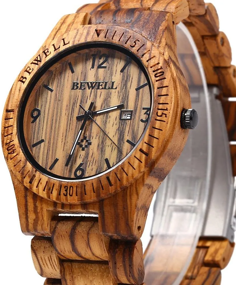 BEWELL ZS-W086B Wooden Watch Men Gifts Handmade Date Display Quartz Movement Analog Lightweight Wood Wrist Watches