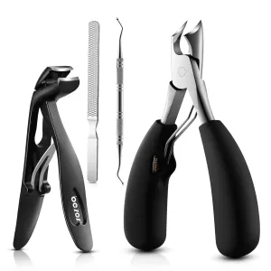 BEZOX Toenail Clipper Kit 4PCS Nail Care Set for Ingrown Toenails – Curved Head Toe Nail Clippers for Seniors for Thick Nails, Thick Fingernail Clippers, Long Nail File & Dual-Ended Lifter - Black