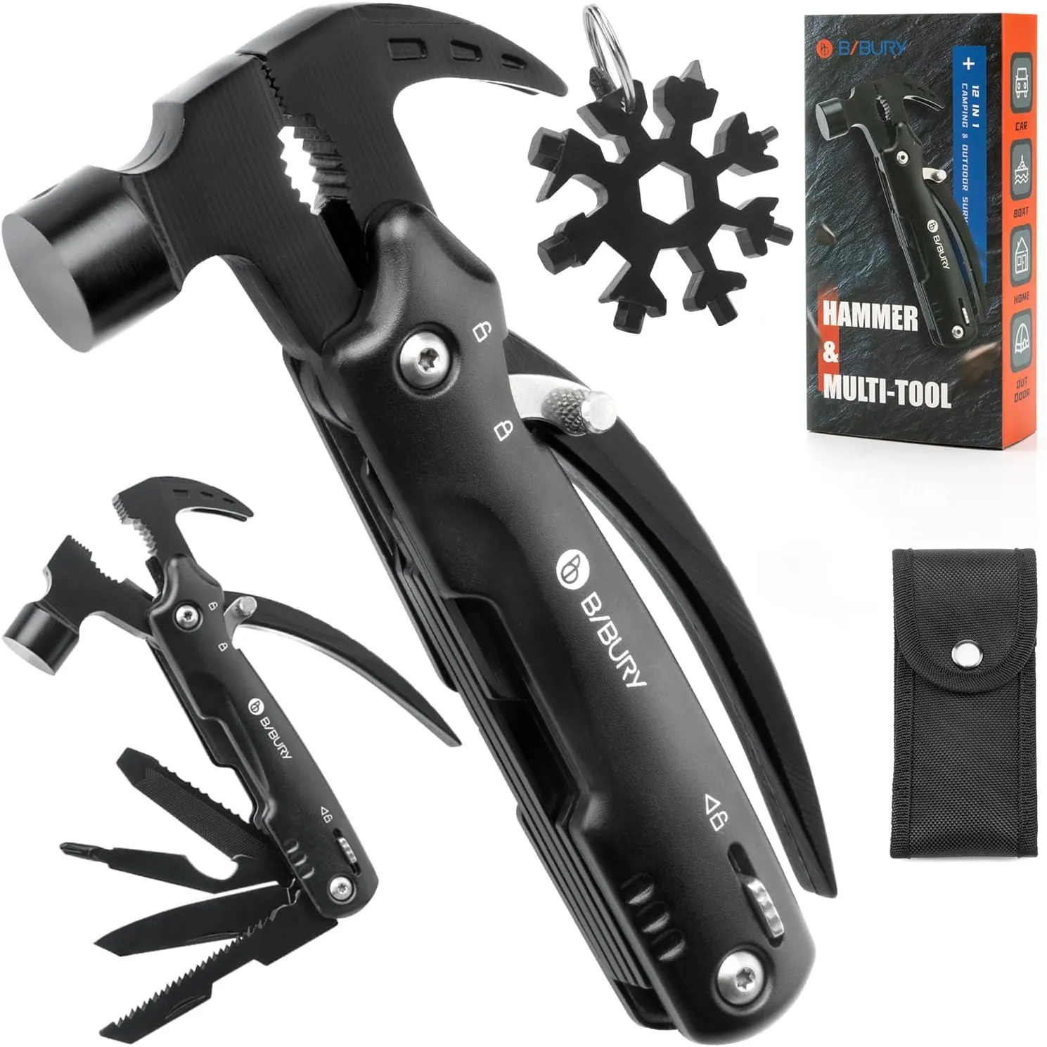 BIBURY 12 in 1Multitool Hammer with Snowflake Tool, Survival Gear Outdoor Multi Tool with Safety Lock, Hammer Multitool for Outdoor, Camping, Hiking,Husband, Boyfriend