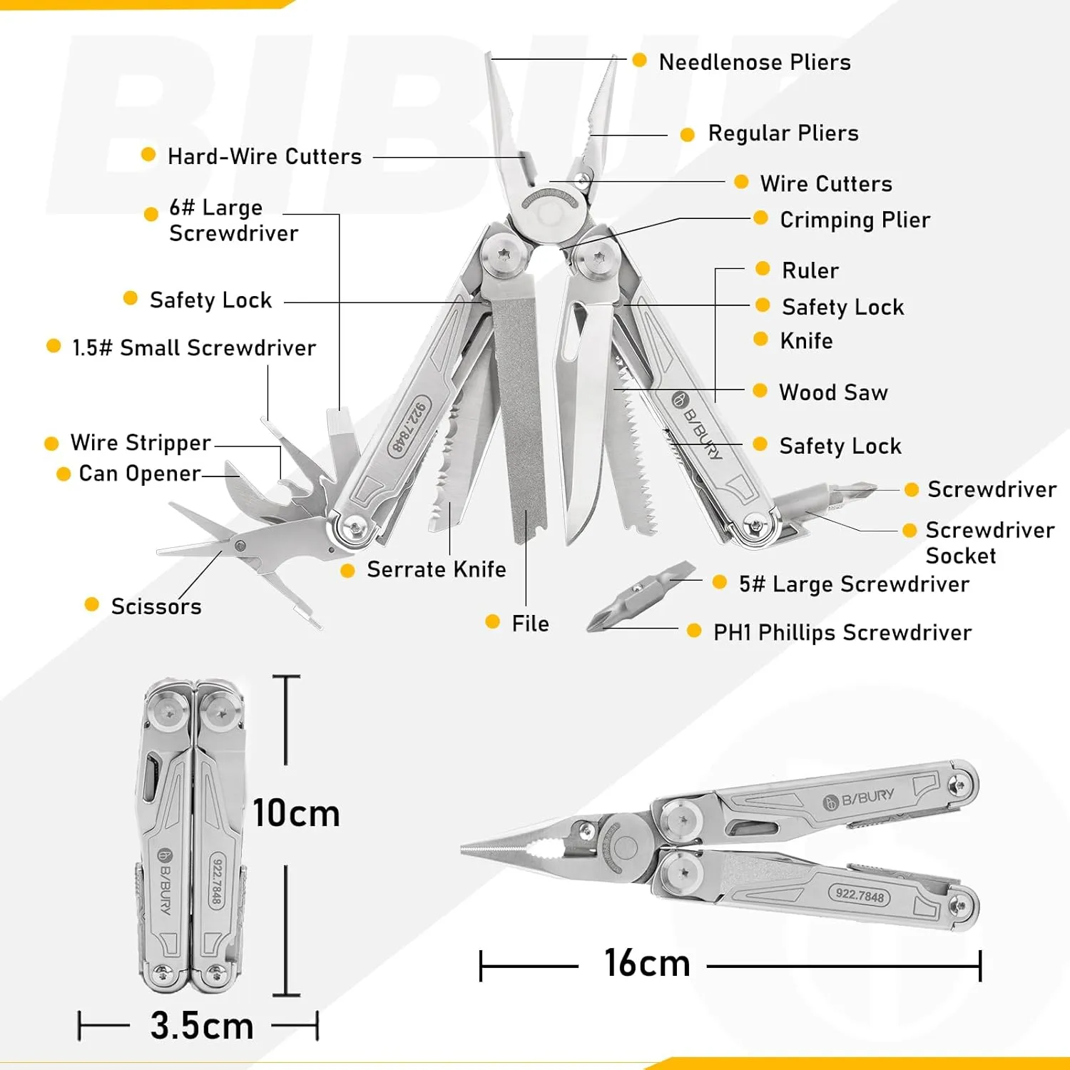 BIBURY Multitool BI2038A, 19-in-1 Stainless Steel Multi Tool with Fold-able Pliers, Screwdriver Sleeve, Scissors, Pocket Knife, Nylon Sheath, Muti-tool for Camping Survival Hiking Hunting Repairing
