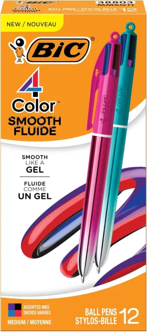 BIC 4 Color Smooth Like Gel Ink Gradient Retractable Ballpoint Pen with 1.0 mm Point, 12-Count with Purple, Black, Blue, Red Ink Colors