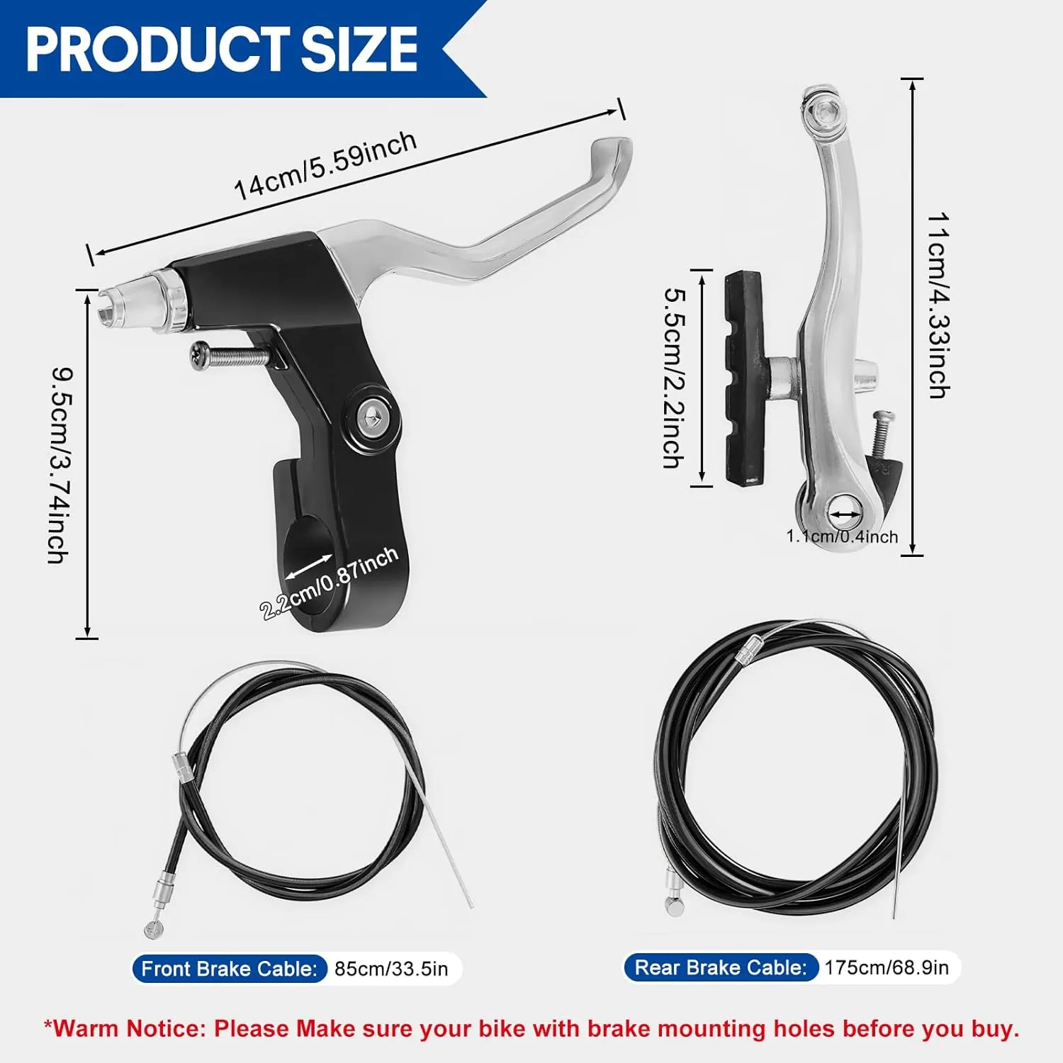 Bike Brake Set V-Type Front and Rear Bicycle Brakes MTB Brake Lever Inner and Outer Cables Kit with Multi-Tool Wrenches, Callipers Cables Lever Kit for Kids Bike, BMX, MTB, Road Bike