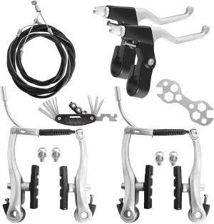 Bike Brake Set V-Type Front and Rear Bicycle Brakes MTB Brake Lever Inner and Outer Cables Kit with Multi-Tool Wrenches, Callipers Cables Lever Kit for Kids Bike, BMX, MTB, Road Bike