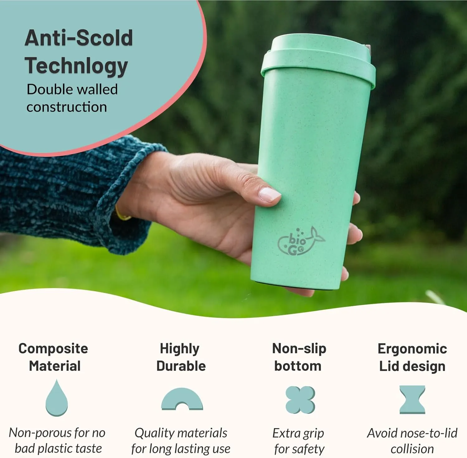 bioGo 16oz Cup, Rice Husk Fibre, BPA-Free, Double Wall Insulation Reusable Coffee Cups, On-The-Go Travel Mug, Screw Tight Lid, Textured Grip, Ultra Lightweight Coffee Cup (Mint, 16oz)