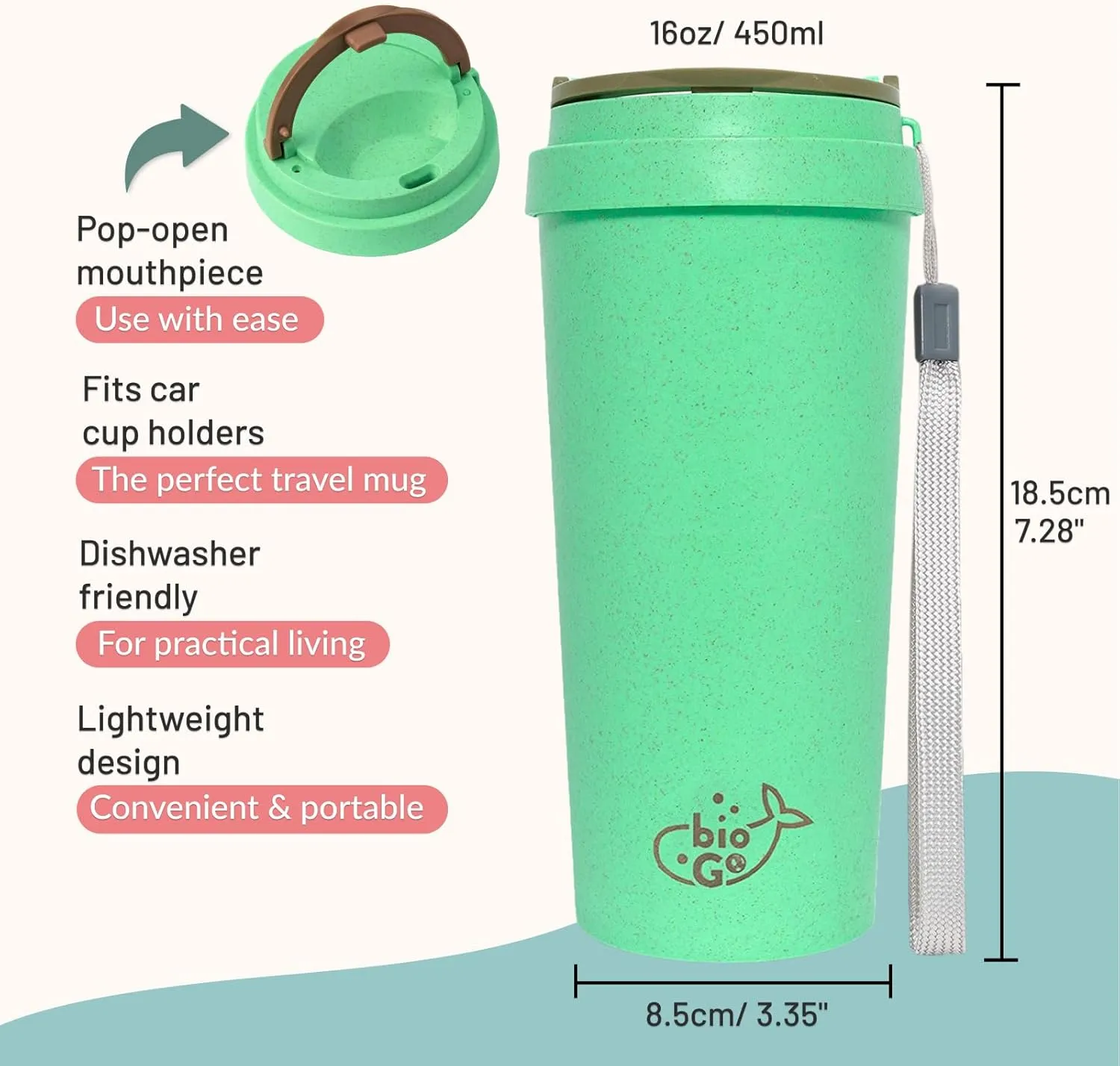 bioGo 16oz Cup, Rice Husk Fibre, BPA-Free, Double Wall Insulation Reusable Coffee Cups, On-The-Go Travel Mug, Screw Tight Lid, Textured Grip, Ultra Lightweight Coffee Cup (Mint, 16oz)