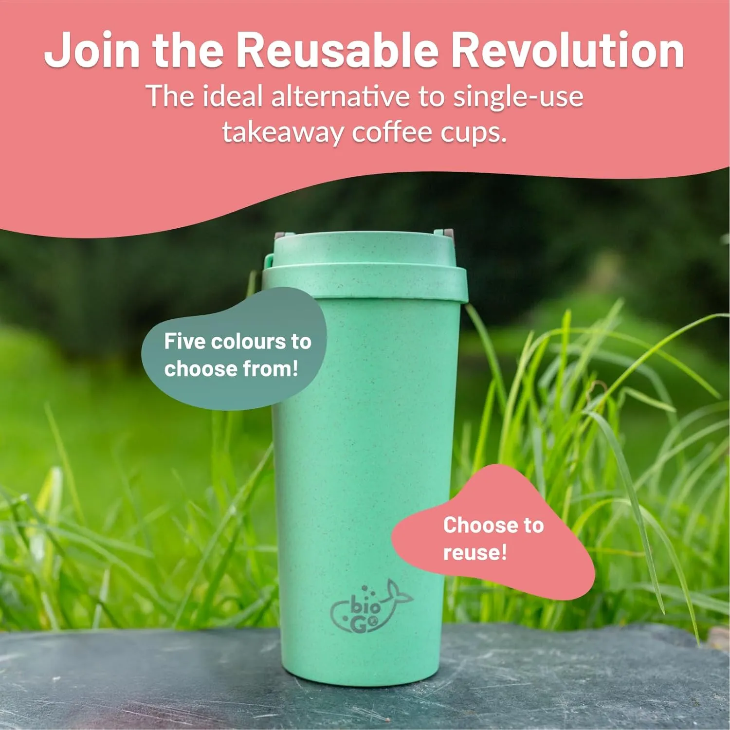 bioGo 16oz Cup, Rice Husk Fibre, BPA-Free, Double Wall Insulation Reusable Coffee Cups, On-The-Go Travel Mug, Screw Tight Lid, Textured Grip, Ultra Lightweight Coffee Cup (Mint, 16oz)