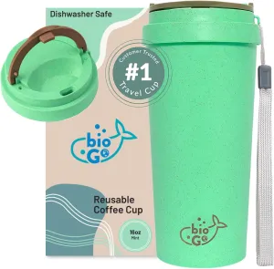 bioGo 16oz Cup, Rice Husk Fibre, BPA-Free, Double Wall Insulation Reusable Coffee Cups, On-The-Go Travel Mug, Screw Tight Lid, Textured Grip, Ultra Lightweight Coffee Cup (Mint, 16oz)