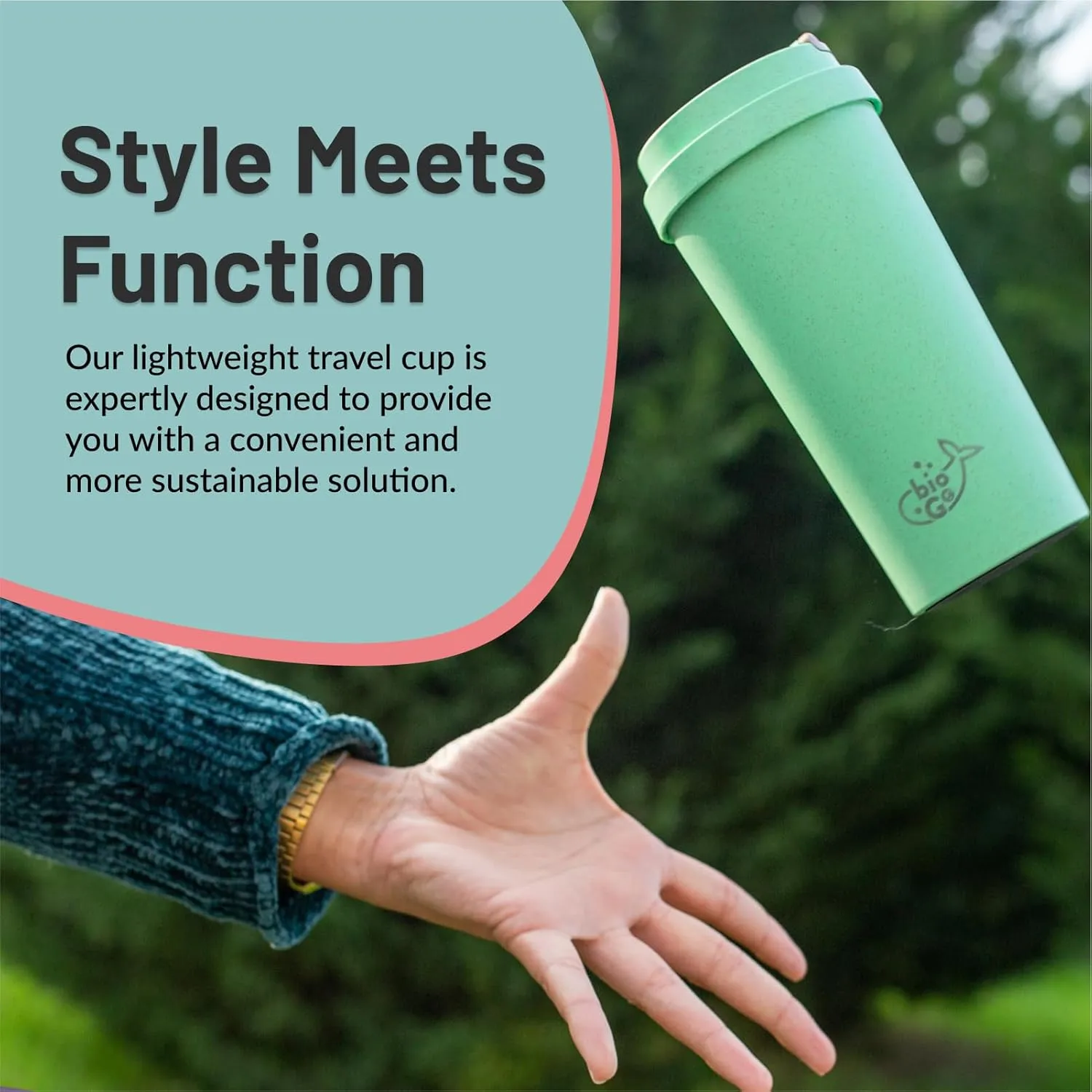 bioGo 16oz Cup, Rice Husk Fibre, BPA-Free, Double Wall Insulation Reusable Coffee Cups, On-The-Go Travel Mug, Screw Tight Lid, Textured Grip, Ultra Lightweight Coffee Cup (Mint, 16oz)