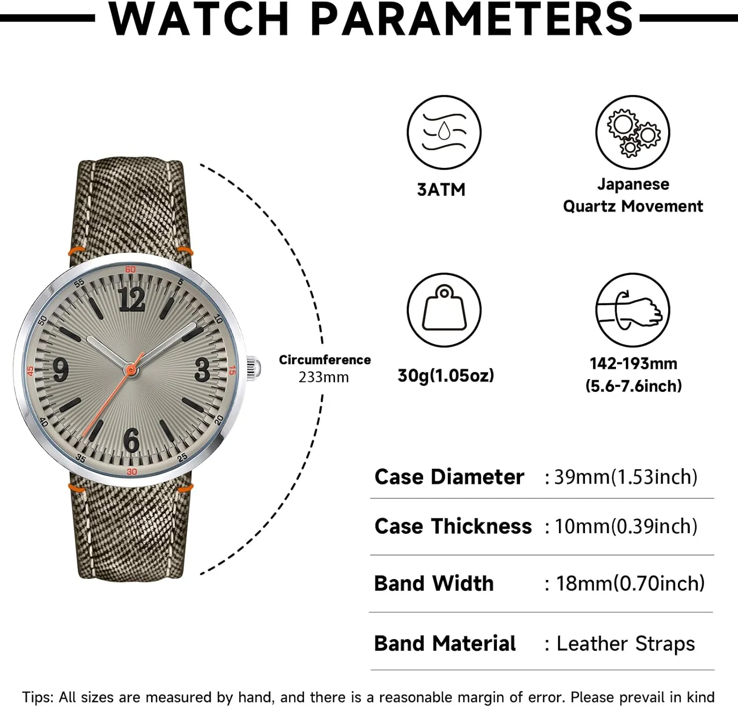 Bisley 39MM Watch for Women Comfortable Strap Arabic Number Easy to Read Waterproof Watch