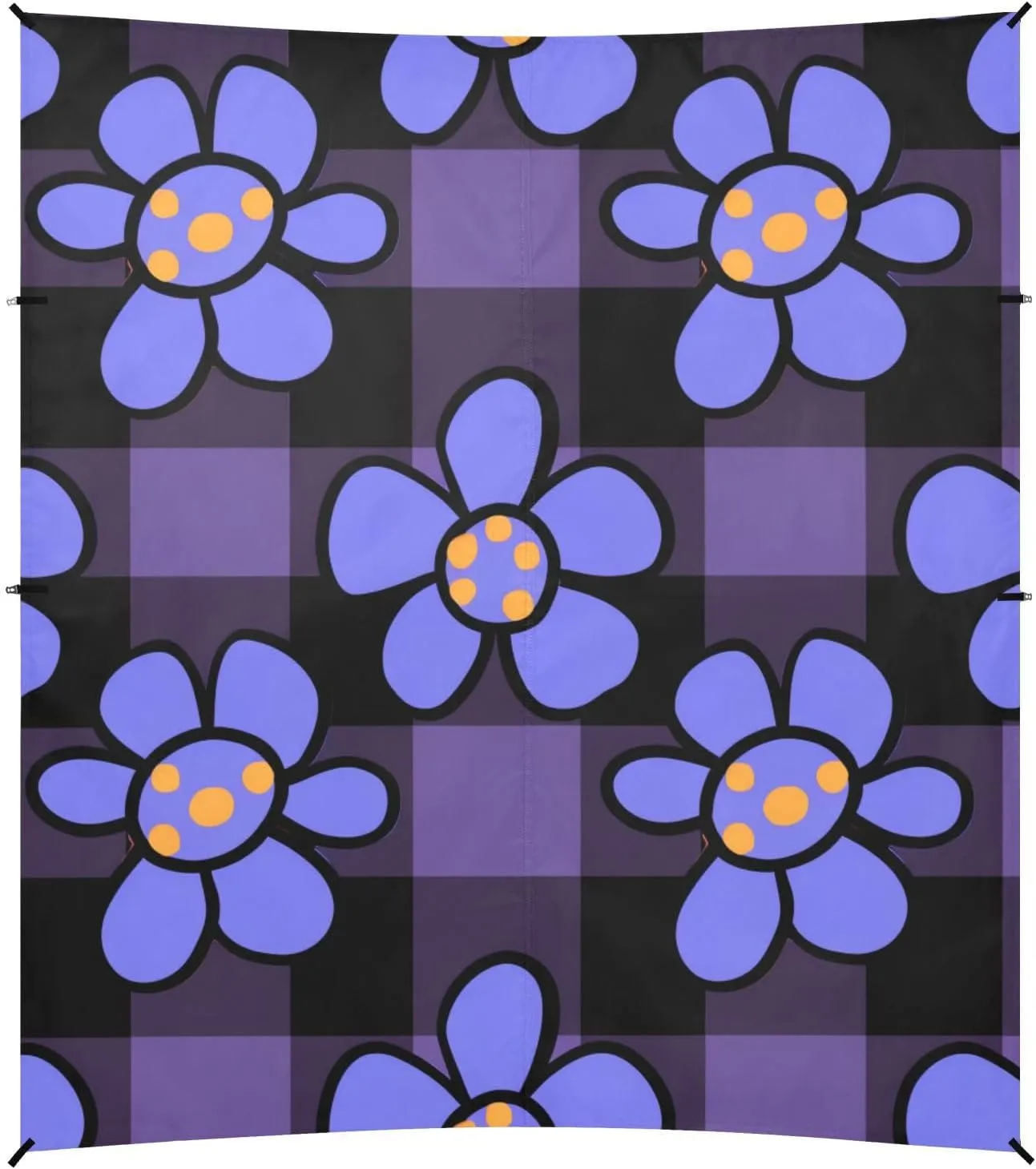 Black and Purple Checkered Pattern Blue Flowers Beach Tent UPF50  Lightweight Sun Shelter with Sandbags & Sand Shovel for Camping, Picnics, Backyard & Fishing