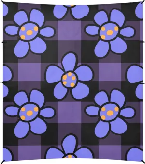 Black and Purple Checkered Pattern Blue Flowers Beach Tent UPF50  Lightweight Sun Shelter with Sandbags & Sand Shovel for Camping, Picnics, Backyard & Fishing