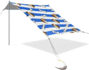 Blue White Striped Dog Bone Designed UPF50  Foldable Beach Canopy Water-Resistant Shade Sun Shelter with Sandbags & Sand Shovel for Family Trips, Picnics & Camping carpa para el sol