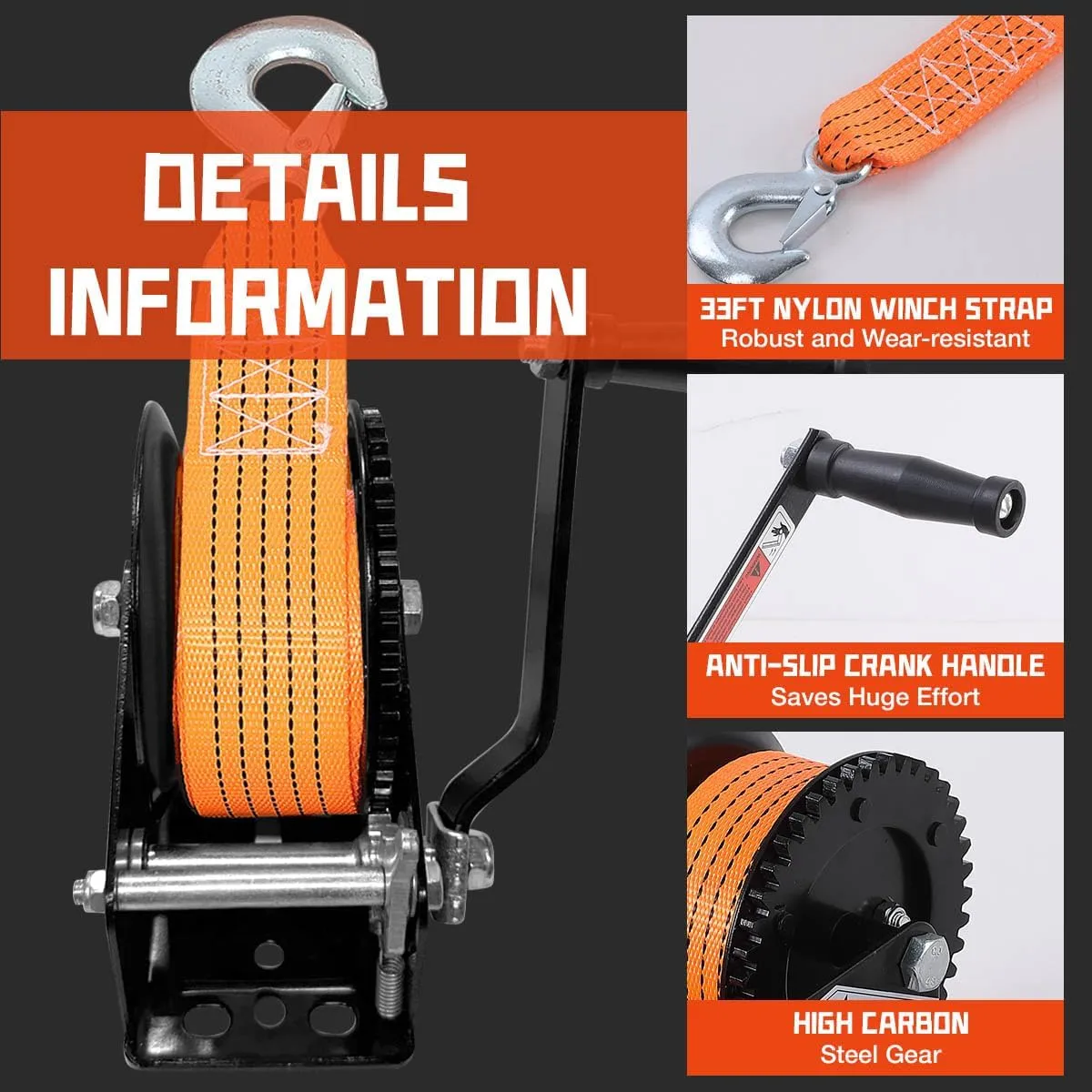 Boat Winches for Trailers, 1600lbs Boat Winch with 33 Ft Strap, Heavy Duty Hand Winch with 2-Way Ratchet 4:1 Gear, Portable Trailer Winch for Boat, Truck, Jet Ski, ATV, RV