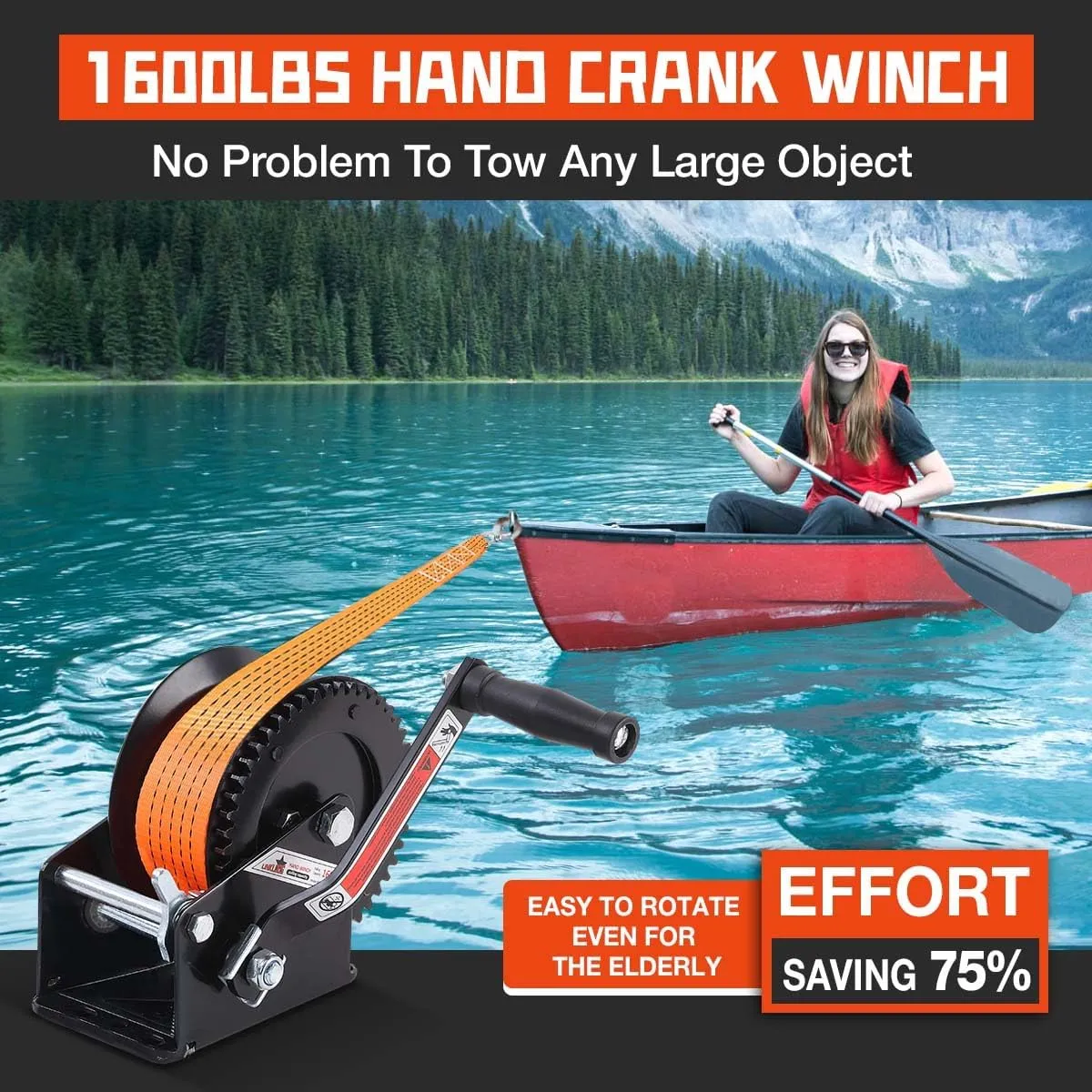 Boat Winches for Trailers, 1600lbs Boat Winch with 33 Ft Strap, Heavy Duty Hand Winch with 2-Way Ratchet 4:1 Gear, Portable Trailer Winch for Boat, Truck, Jet Ski, ATV, RV
