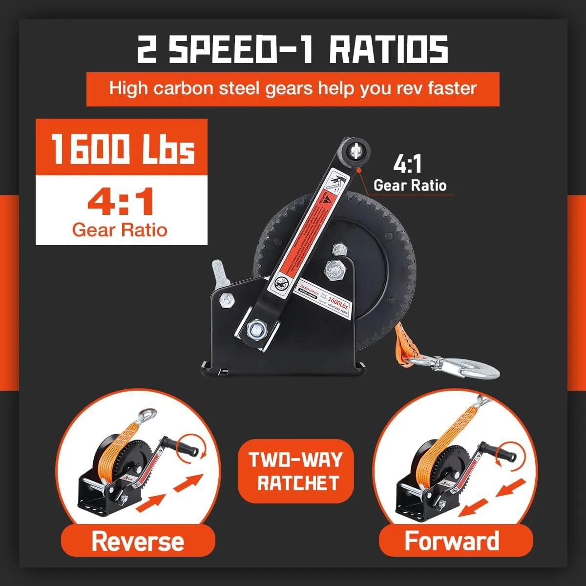 Boat Winches for Trailers, 1600lbs Boat Winch with 33 Ft Strap, Heavy Duty Hand Winch with 2-Way Ratchet 4:1 Gear, Portable Trailer Winch for Boat, Truck, Jet Ski, ATV, RV