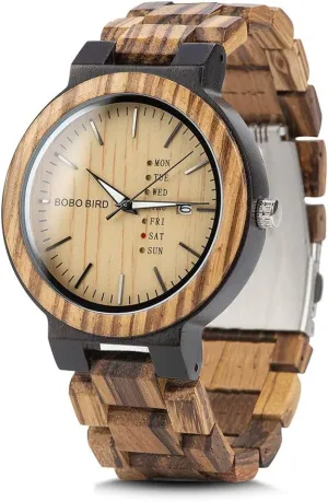 BOBO BIRD Week and Date Multi-Functional Display Men's Zebra Wooden Quartz Watch Lightweight Handmade Casual Wristwatches with Gift Box