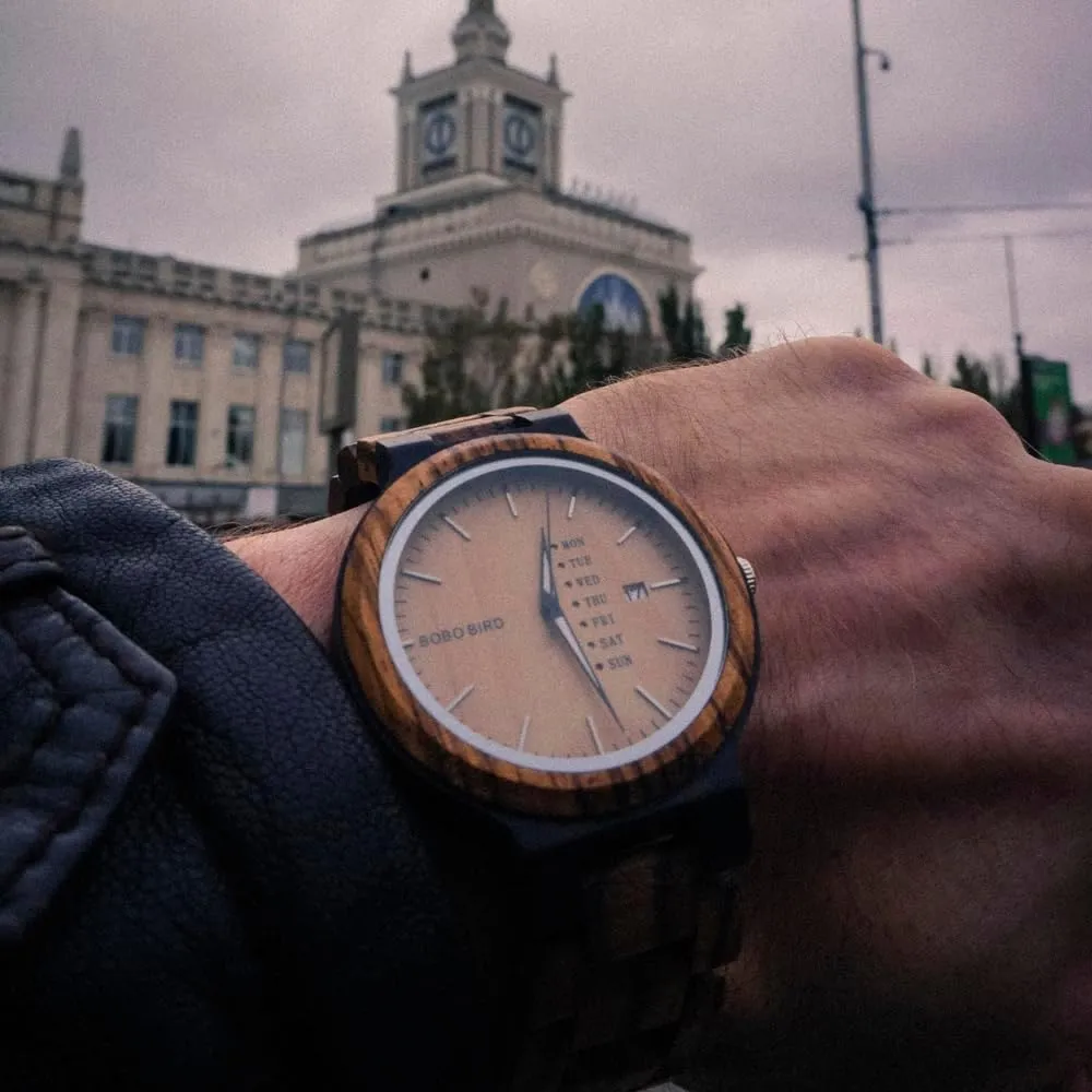 BOBO BIRD Week and Date Multi-Functional Display Men's Zebra Wooden Quartz Watch Lightweight Handmade Casual Wristwatches with Gift Box