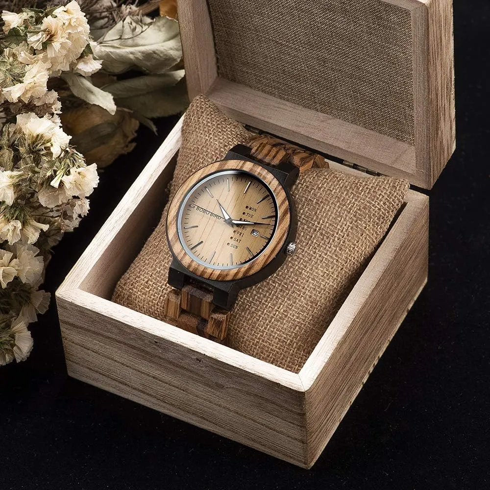 BOBO BIRD Week and Date Multi-Functional Display Men's Zebra Wooden Quartz Watch Lightweight Handmade Casual Wristwatches with Gift Box
